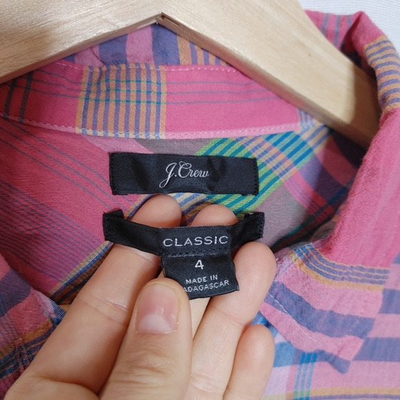 J. Crew Classic-fit Boy Shirt Crinkle Magenta Pink‎ Green Plaid.Button Front 4 - Picture 6 of 9